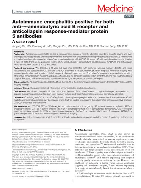 Pdf Autoimmune Encephalitis Positive For Both Anti γ Aminobutyric Acid B Receptor And