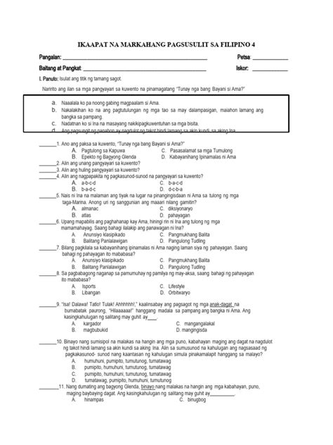 Ikaapat Na Markahang Pagsusulit Sa Filipino 4 Pdf