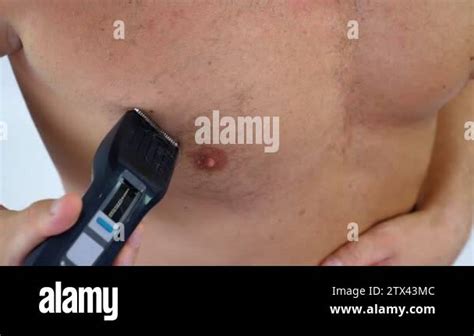 Close Up Of A Very Hairy Man Haircut Body Hair On His Male Chest By