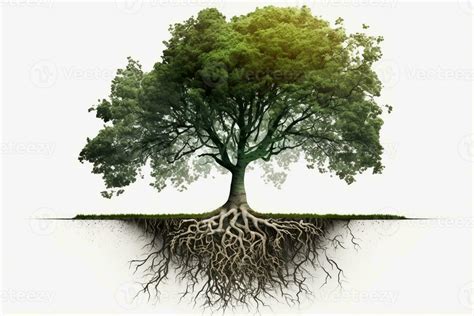 Big Green Tree With Roots Beneath Isolated White Empty Background AI