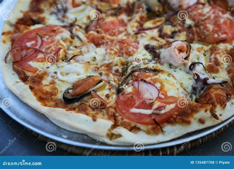 Seafood Pizza With Mussel Squid Shrimp And Tomato Italian Food