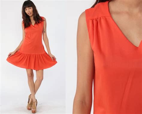 Drop Waist Scooter Dress S Mini Mod Orange Pleated Gem