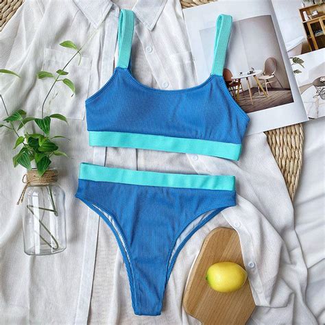 Buy Patchwork Swimsuit Women High Waist Bikini Bandeau Swimwear Ribbed