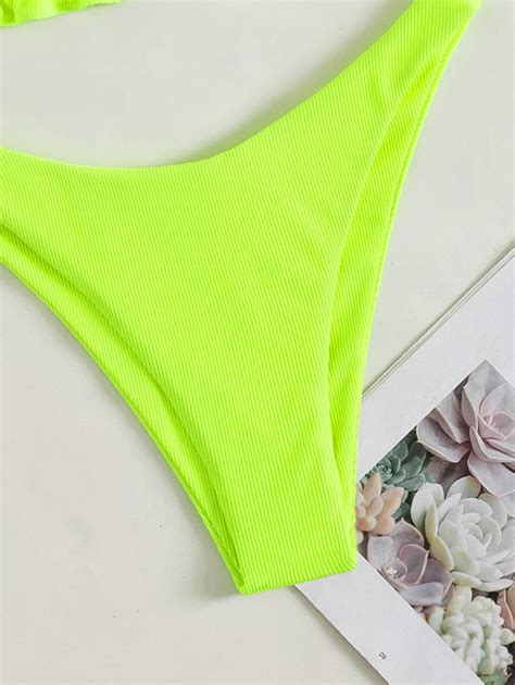 SHEIN Swim Geripptes Bikini Set in Neon Lime mit Rüschenbesatz