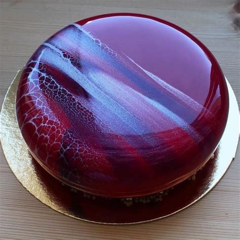 Galaxy Cake Red Blue White Purple Mirror Glaze On One Tier Cake Placed