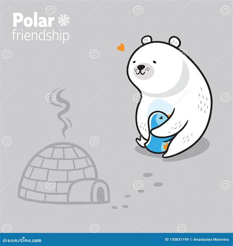 Vector Illustration Of A Kawaii Funny Penguin And A Polar Bear Hugging