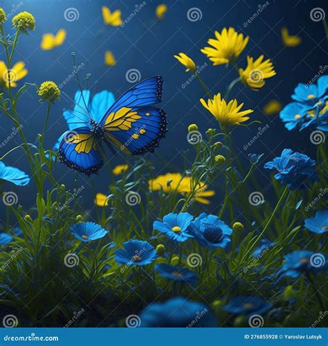 Nocturnal Fauna. Flowers In The Moonlight, In Colorful Colors Stock