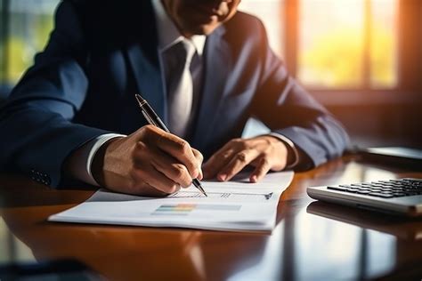 Premium Photo Businessman In Suit Writing On Paper With Pen While