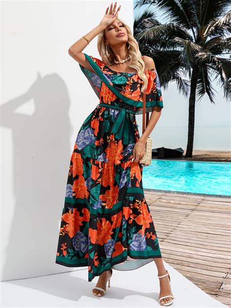 SHEIN VCAY Vestido línea A con estampado floral de hombros descubiertos