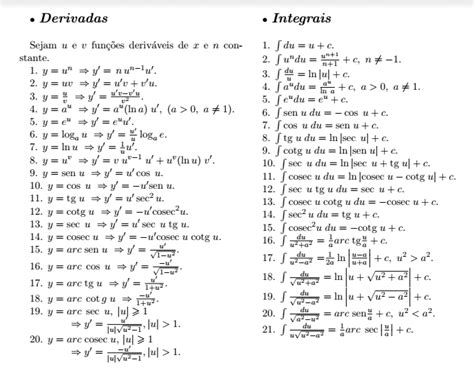 Tabela Integrais e Derivadas Reforço de Matemática