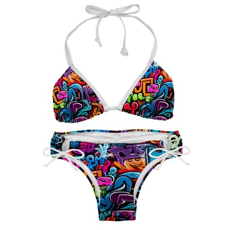 Graffiti Adjustable Strap Detachable Sponge Bikini Set Two Pack For