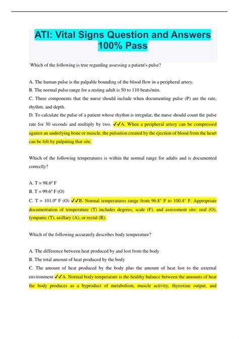 ATI: Vital Signs Question and Answers 100% Pass - ATI COMPREHESIVE