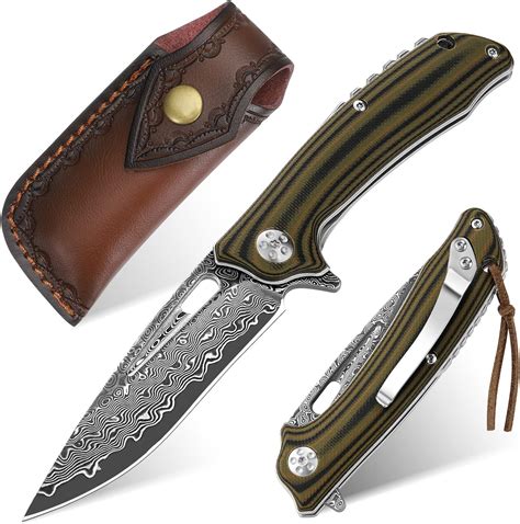 Amazon Benkey Damascus Pocket Knife With Clip Leather Sheath And