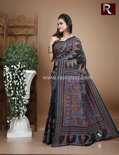 Black And Multi Kantha Stitch Work On Pure Bangalore Silk Saree Rapurnas