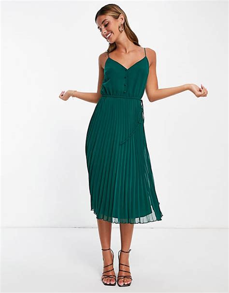 Asos Design Button Front Pleated Cami Midi Dress With Drawstring Waist In Forest Green Asos