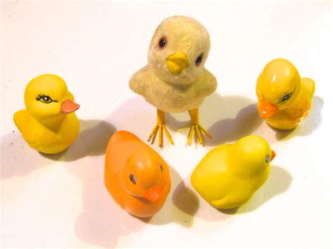 Five Vintage Hand Painted Ceramic Duckies And One Chenille Chick Etsy