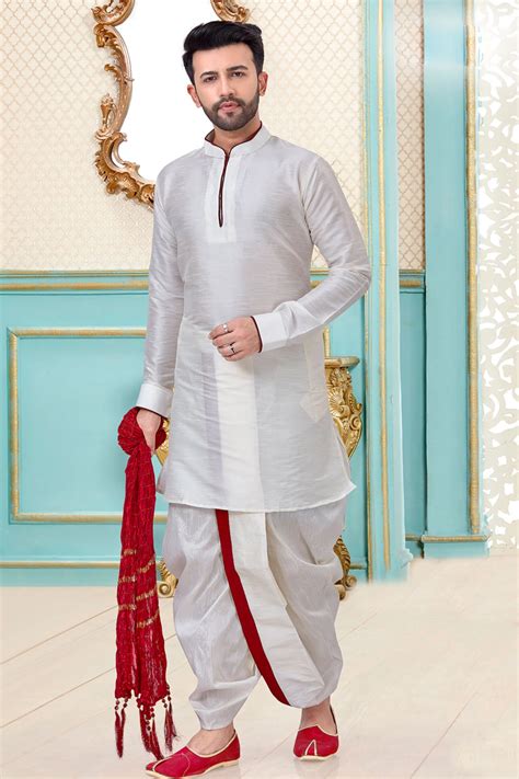 Solid Color Dupion Silk Kurta Set In White Ucchal Fashion