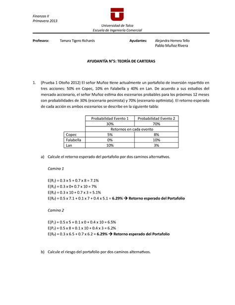 Ayudant A Teor A De Carteras Con Pauta Finanzas Ii Primavera