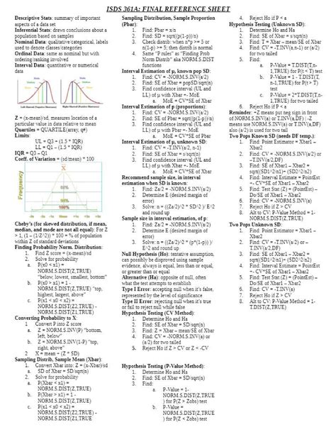 Isds361a Final Reference Sheet Isds 361a Studocu