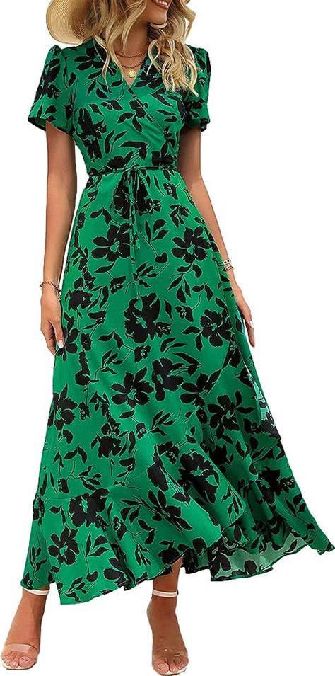 Prettygarden Women S Summer Wrap Maxi Dress Casual Boho Floral V Neck Short Sleeve Ruffle Hem