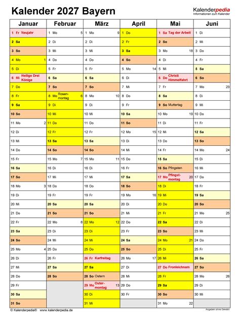 Kalender 2027 Bayern Ferien Feiertage PDF Vorlagen