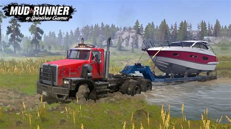 Western Star Truck With Lowboy Boat Trailer Stuck Spintires Mudrunner