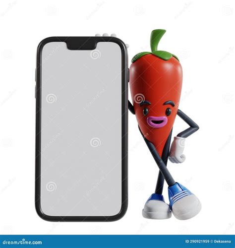 3d Cartoon Chili Character Standing Next To Big Phone With Legs Crossed