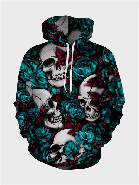 Men Rose And Skull Print Kangaroo Pocket Drawstring Hoodie Hoodies Men