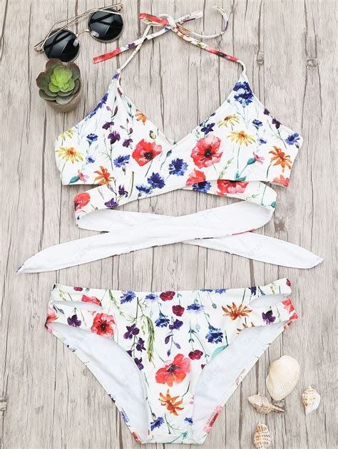 Cut Out Tiny Floral Wrap Bikini In WHITE ZAFUL 2023