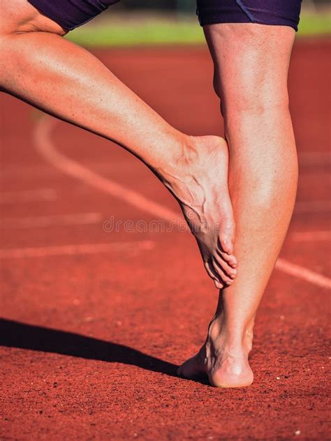 Naked Tired Legs Of Working Woman Saved Time For Evening Fitness Run Stock Image Image Of