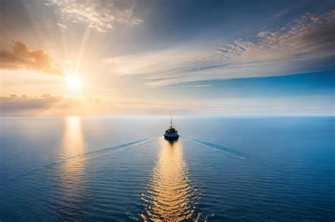 Premium Photo A Boat Sailing In The Ocean With The Sun Setting Behind It