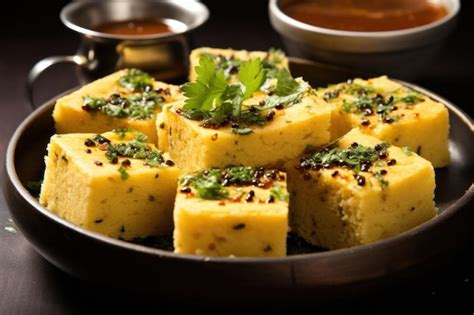 Premium AI Image | Indian Khaman Dhokla served in a plate with chutney