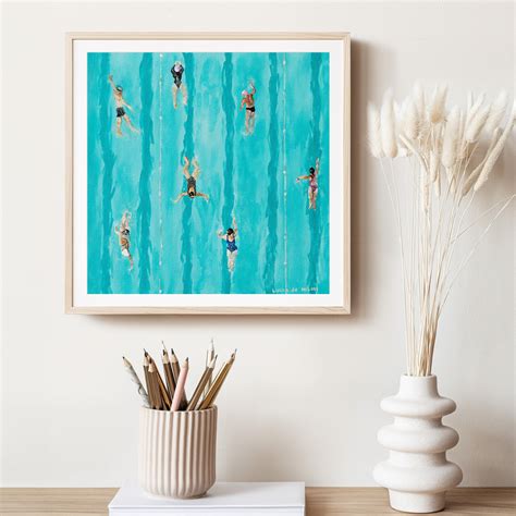 Swimming Pool Art Print Blue Art Swimmers Aerial View Art Minimalist