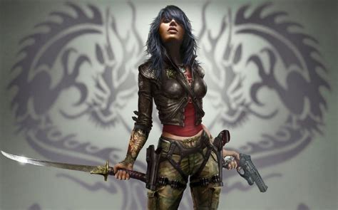 Warrior Women Sword Dark Hair Wet Video Game Fantasy Art Gun