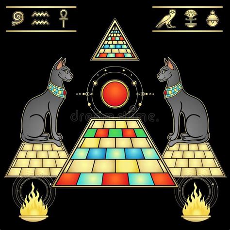 Mystical Color Drawing Sacred Cats Goddess Bastet Guard The Pyramid