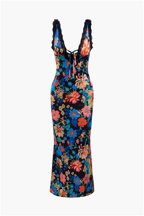 Floral Print Lace Trim V Neck Maxi Dress Fashion Outfits Pretty