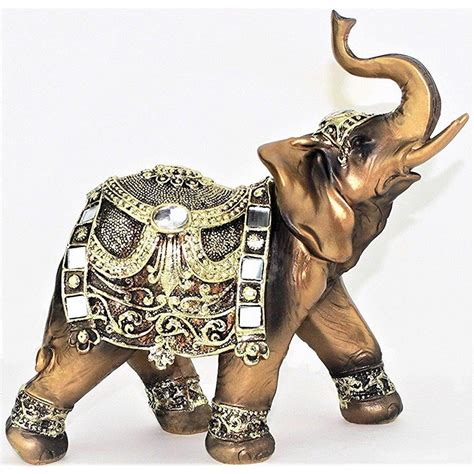 Feng Shui 7 H Brass Color Elegant Elephant Trunk Statue Wealth Lucky Figurine Home Decor T