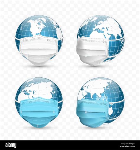 Earth Globe In Medical Face Mask World Map Set Vector Illustration