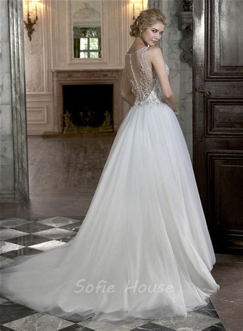 A Line Boat Illusion Neckline Sheer Back Sleeveless Tulle Beaded Wedding Dress