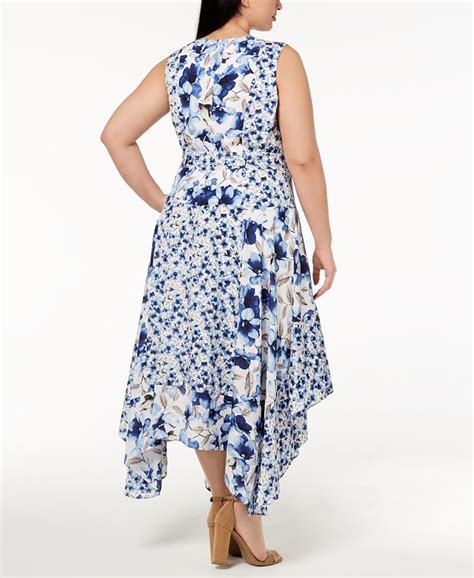 Calvin Klein Plus Size Printed Handkerchief Hem Fit And Flare Dress Macys