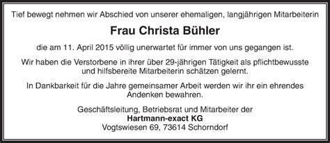 Traueranzeigen von Christa Bühler ZVW Trauer