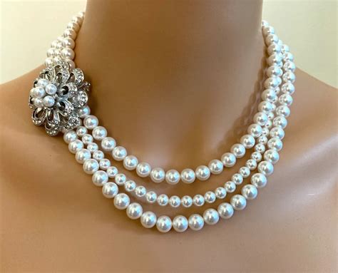 Pearl Wedding Necklace With Brooch Strands White Swarovski Etsy