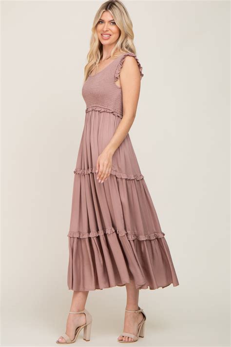 Taupe Smocked Ruffle Tier Maxi Dress Pinkblush