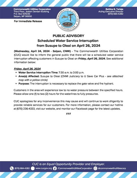 2024 April 24 Public Advisory Re Scheduled Water Service Interruption