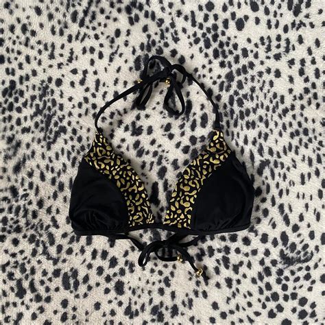 George Black Ruched Triangle Bikini Top With Gold Depop