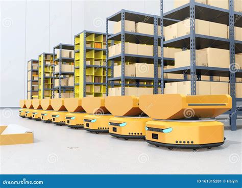 Line of Autonomous Mobile Robots in Modern Warehouse Stock Illustration ...