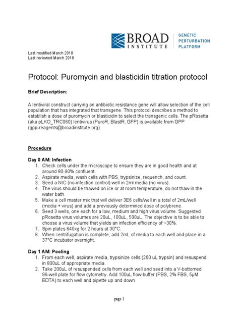 Puromycin and Blasticidin Titration Protocol Mar2018 | PDF