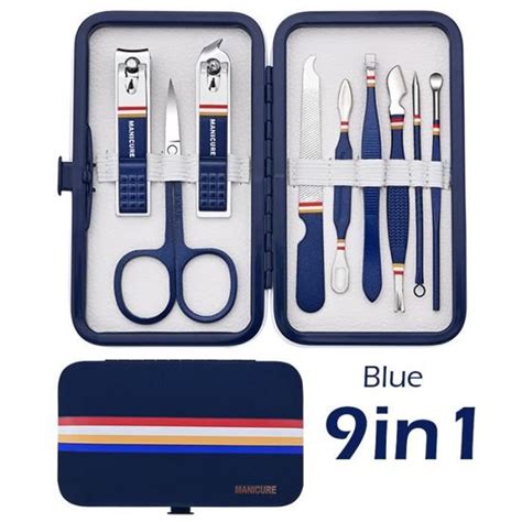 9en1 Bleu Ensemble De Coupe Ongles En Acier Inoxydable Avec Sac