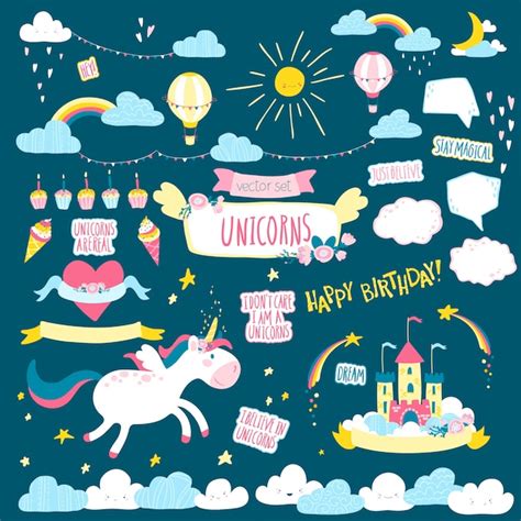 Premium Vector Big Magic Set With Unicorn Isolated On Blue