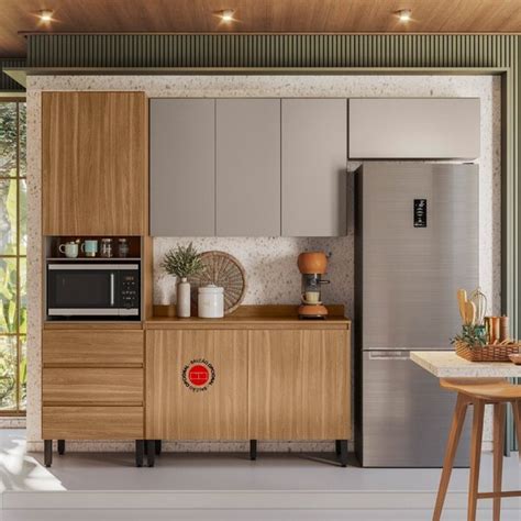 Cozinha Compacta 5 Portas 1 Porta Basculante 3 Gavetas Lazuli Amêndola Touch nude Prime Tx